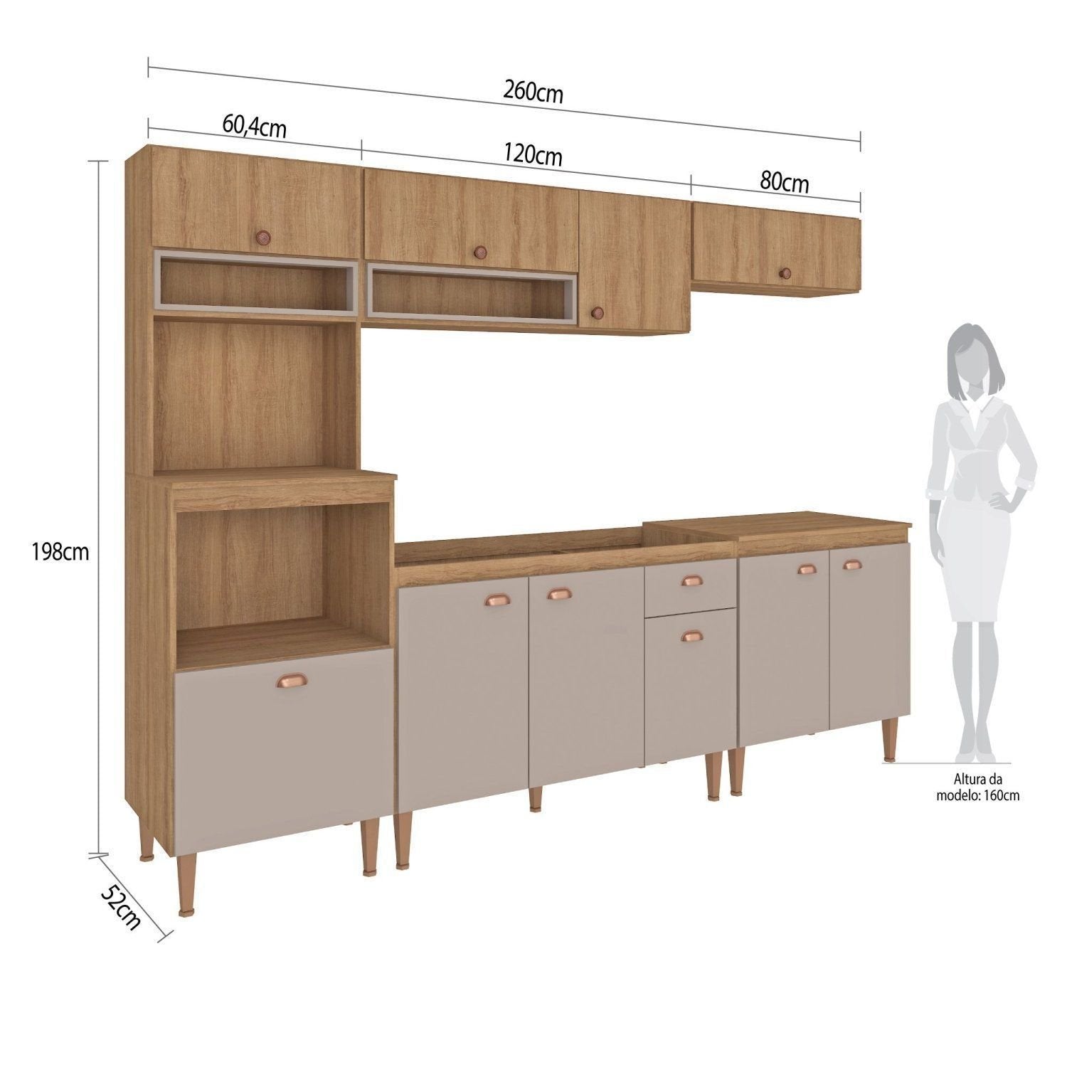 Cozinha Completa Modulada Marti Yescasa 5 Peças Torre Quente Balcão Pia Aéreo Mel/Fendi Cinza
