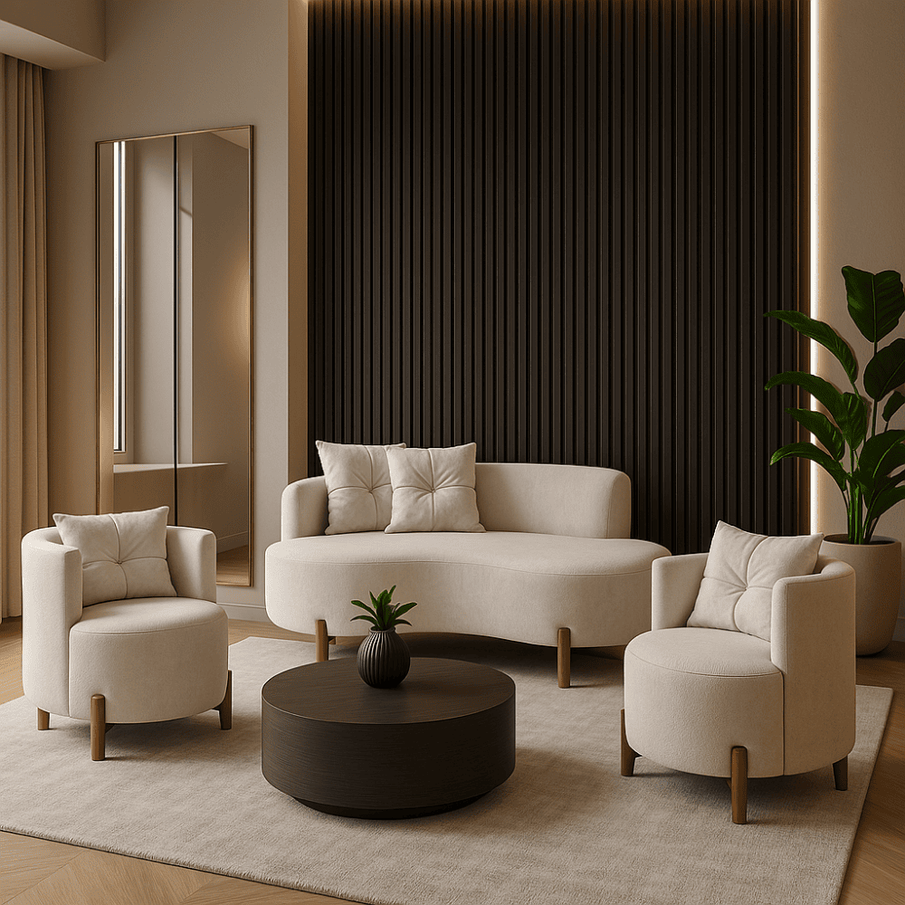 Conjunto Sala de Estar 2 Poltronas e Sofá Curvo Orgânico Boucle MD Montanaris Decor