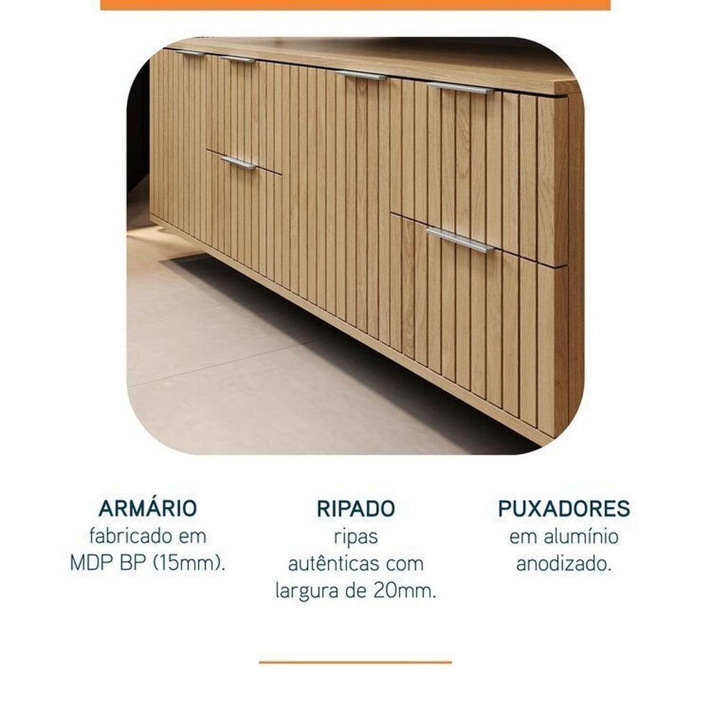 Conjunto para Banheiro Bancada em Porcelanato com Cuba Esculpida, Armário e Espelho Ripy Bumi 120cm Amarelo/Wood/Travertino