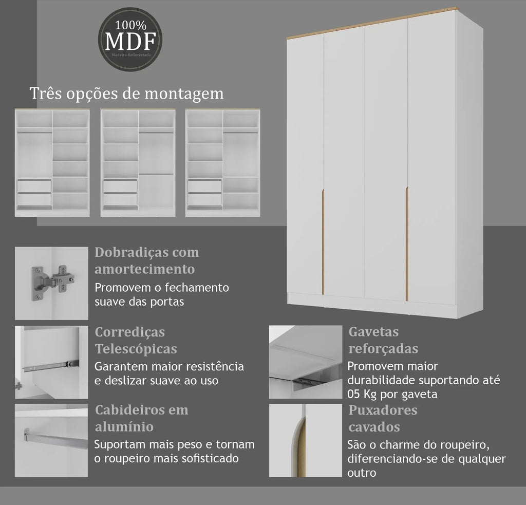 Guarda-Roupa Casal 4 Portas 2 Gavetas Logan Yescasa 100% MDF Branco/Olmo Italiano