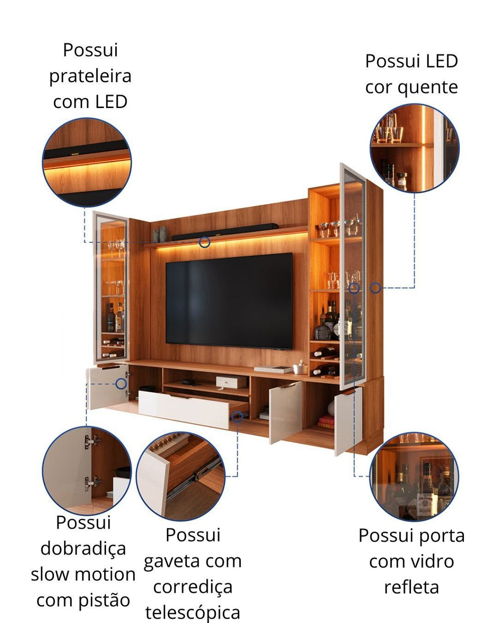 Estante Home Noble 270cm para TV Até 75 Polegadas com 2 Cristaleiras, Portas Reflecta e LED