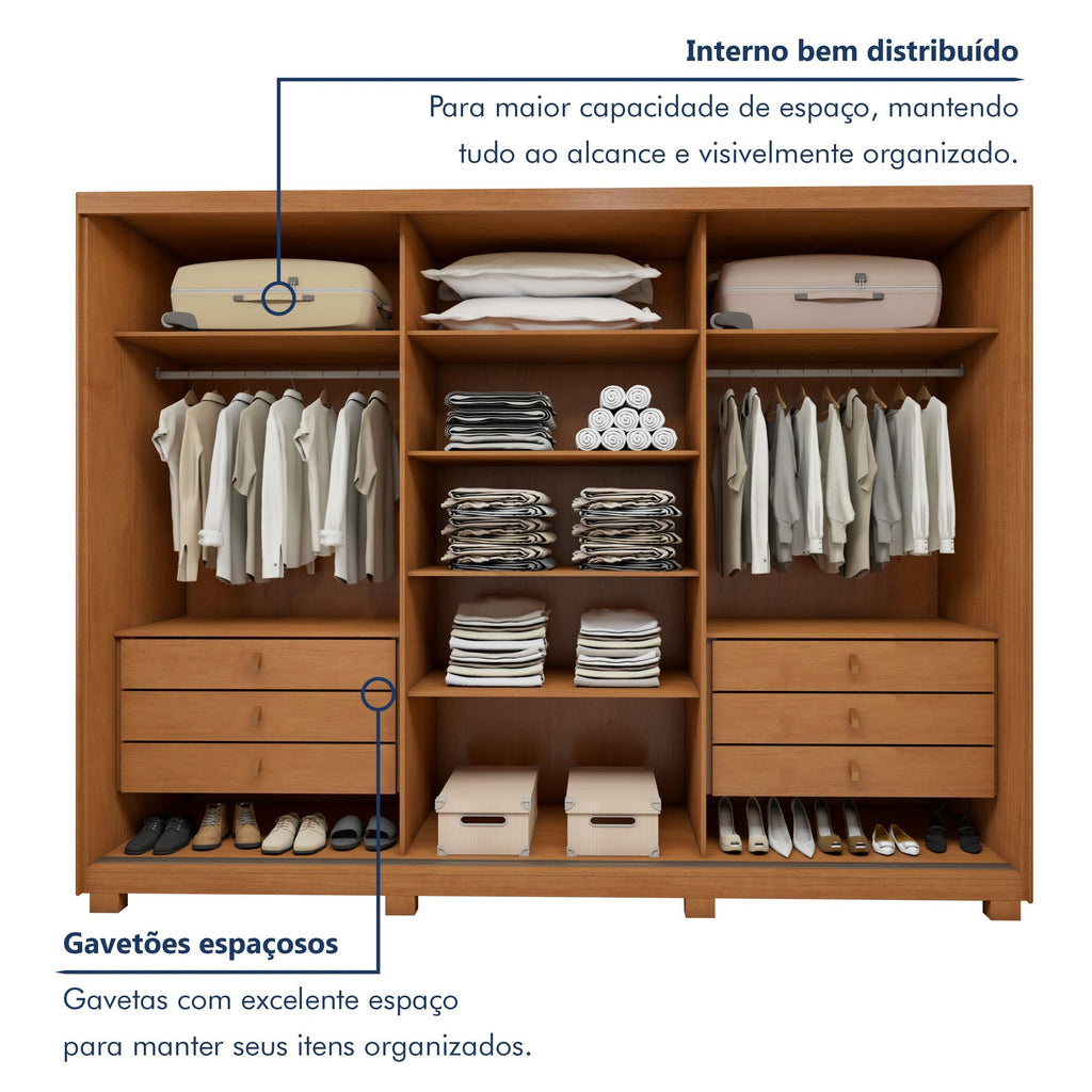 Guarda-Roupa Casal 3 Portas 6 Gavetas com Pés Ollie Yescasa 100% MDF Marrom Amêndoa Clean/Off White