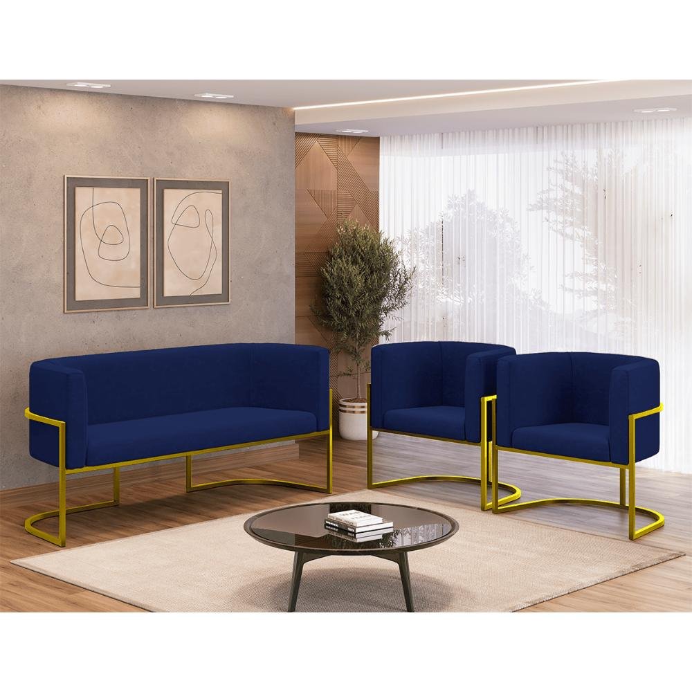 Kit 2 Poltronas e Sofá 2 Lugares para Recepção Balaqui Suede Azul Marinho