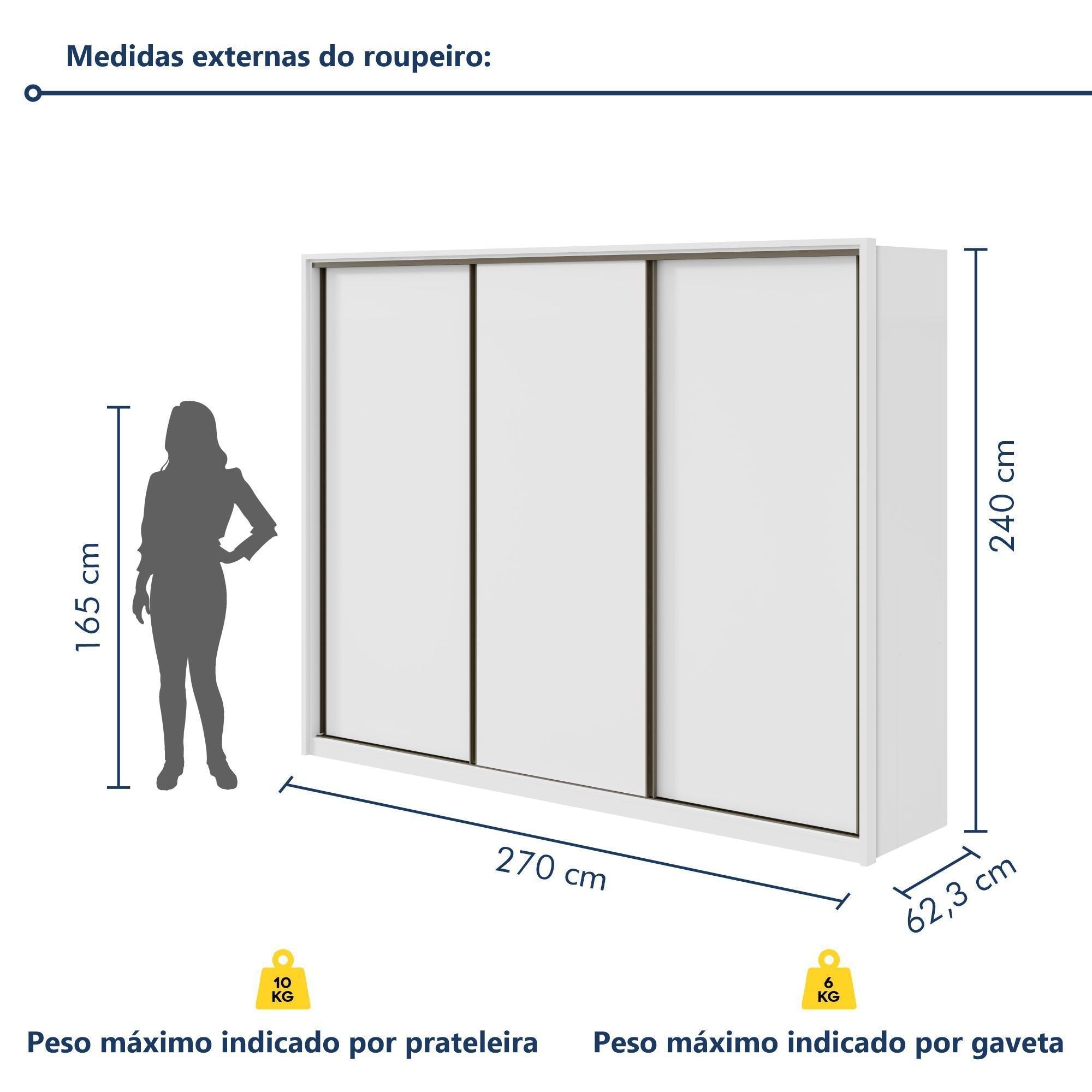 Guarda-Roupa Casal Spazio Yescasa 3 Portas Correr 6 Gavetas MDF 270cm Branco