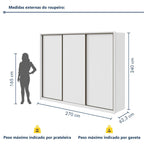 Guarda-Roupa Casal 3 Portas de Correr 6 Gavetas 270cm Spazio Yescasa 100% MDF Branco