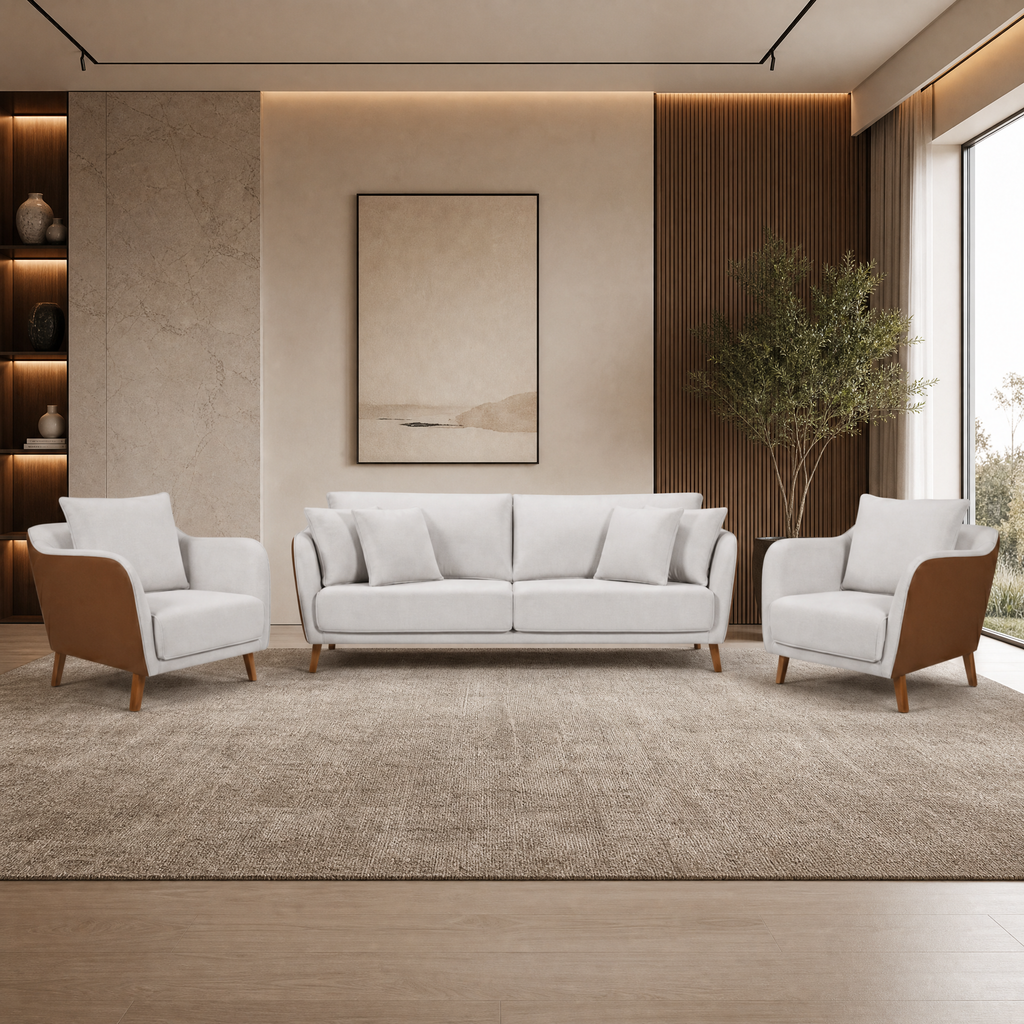Conjunto Sofá Living Hórus e Duas Poltronas Tecido Composê Linho Cru e Marrom Terracota 2,00m