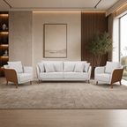 Conjunto Sofá Living Hórus e Duas Poltronas Tecido Composê Linho Cru e Marrom Terracota 2,00m