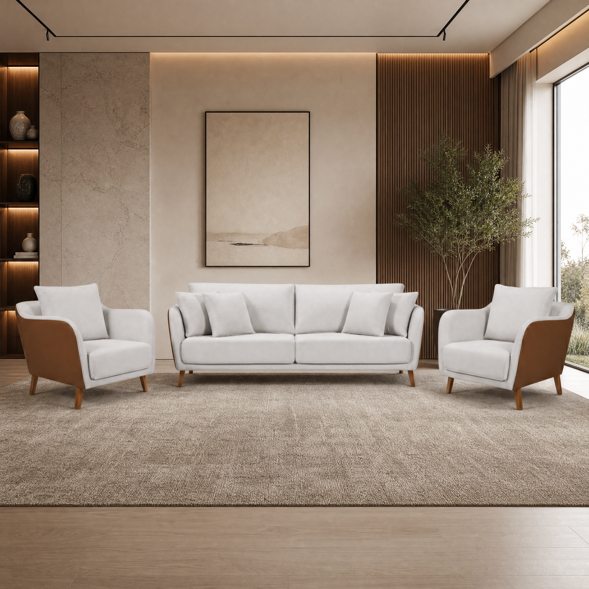 Conjunto Sofá Living Hórus e Duas Poltronas Tecido Composê Linho Cru e Marrom Terracota 2,00m