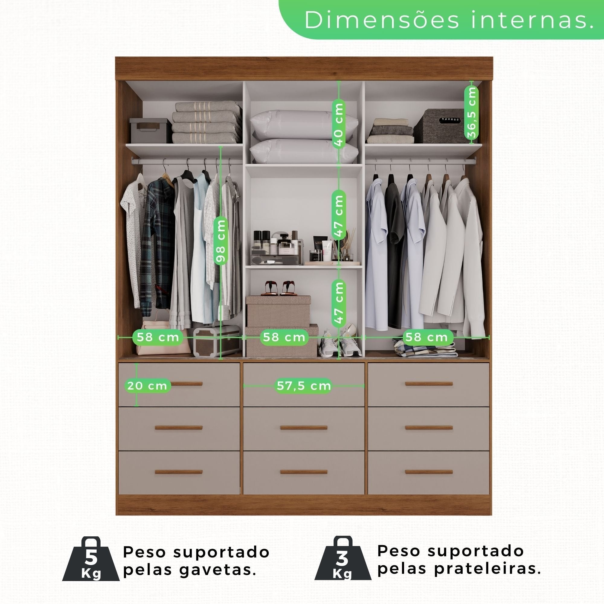 Guarda-Roupa Casal 3 Portas 9 Gavetas Luana Sallêto Móveis MDF/MDP Off White/Cinamomo