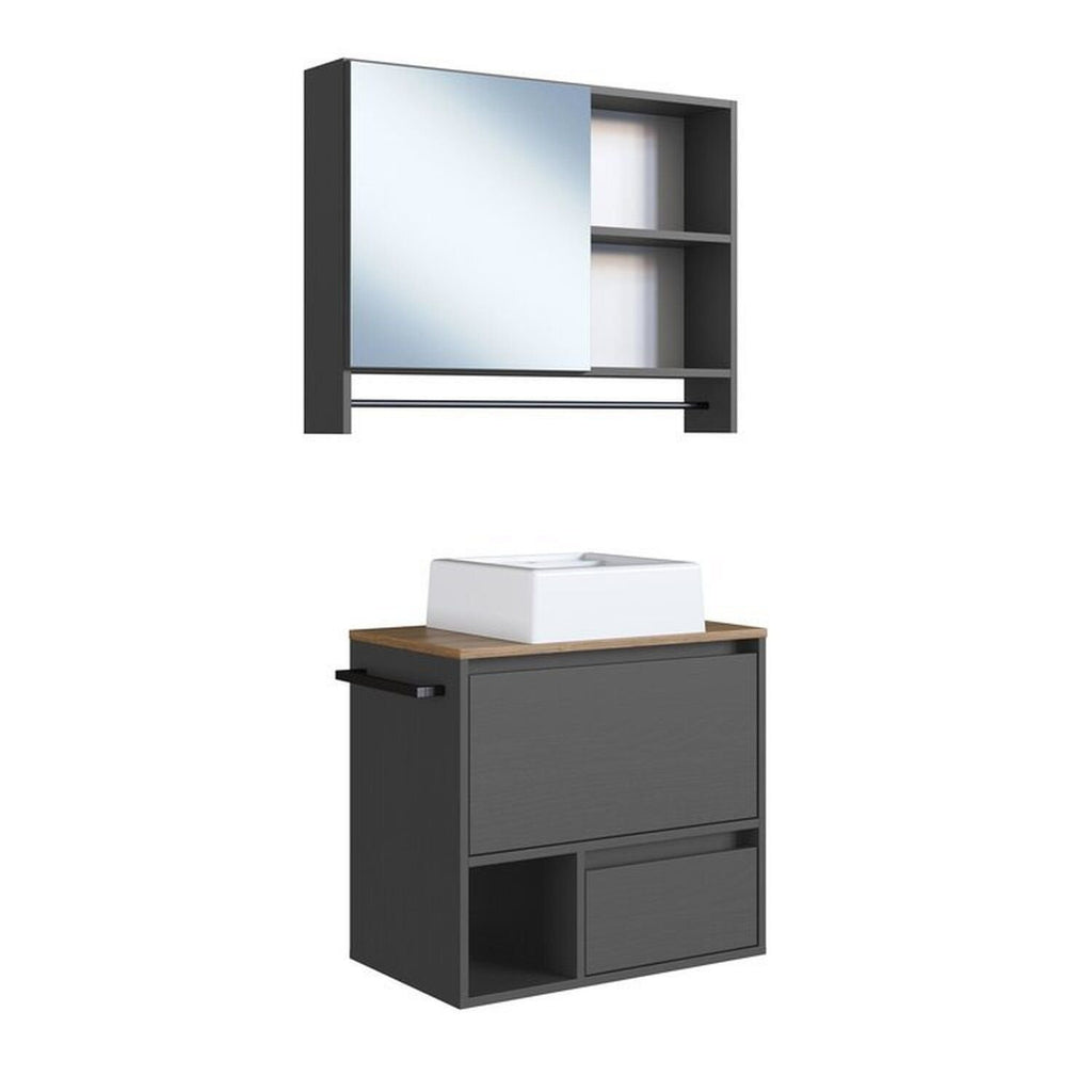 Conjunto para Banheiro Gabinete Suspenso com Cuba e Espelheira Prodecor CJ8050.20 60cm Preto/Mel/Grafite