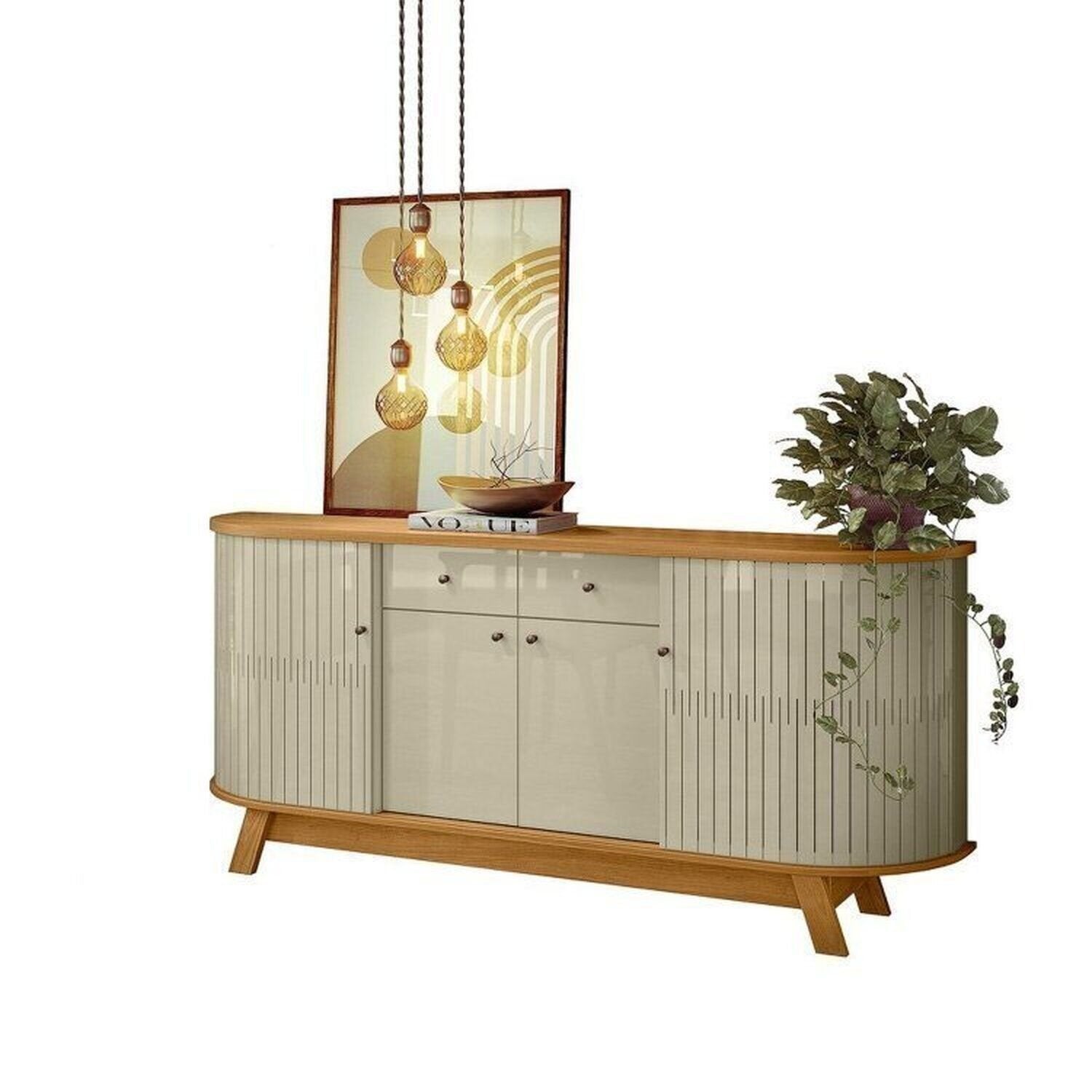 Conjunto Buffet Mônaco e Cristaleira Moss Porta Curva MDF LED Madetec