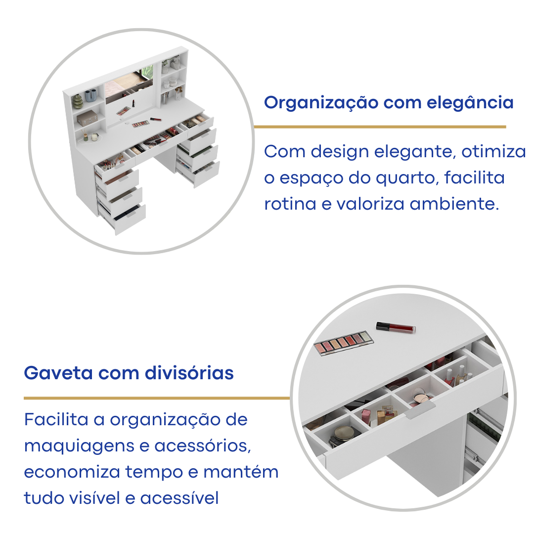 Penteadeira 9 Gavetas com Espelho e LED Foscarini 8402 Branco
