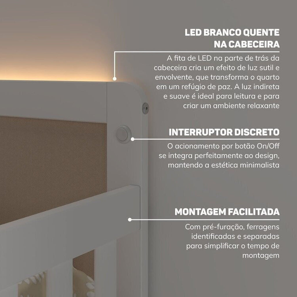 Conjunto com Cama Solteiro Giulia Rattan e Guarda Roupa Curió Casatema MadeiraOriginals Branco/Marrom