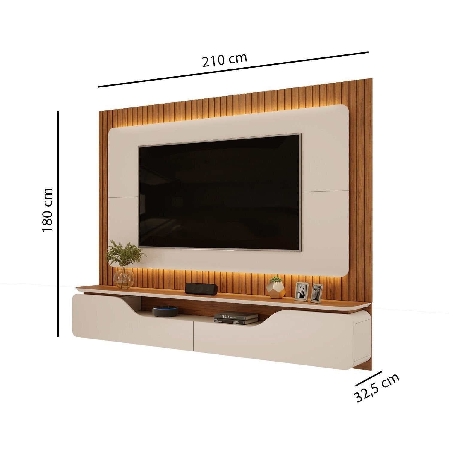 Painel Ripado para TV até 70 Polegadas Treviso 100% MDF 210cmx180cm com LED Dj Móveis