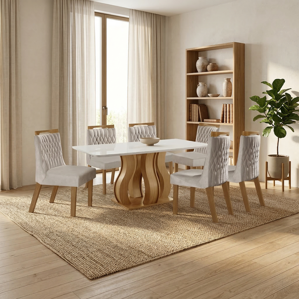 Conjunto Sala de Jantar Mesa Retangular Tampo Vidro/MDP com 6 Cadeiras Atena Estofadas Suede Espresso Móveis Castanho/Cinamomo/Bege Marrom/Pena/Off White