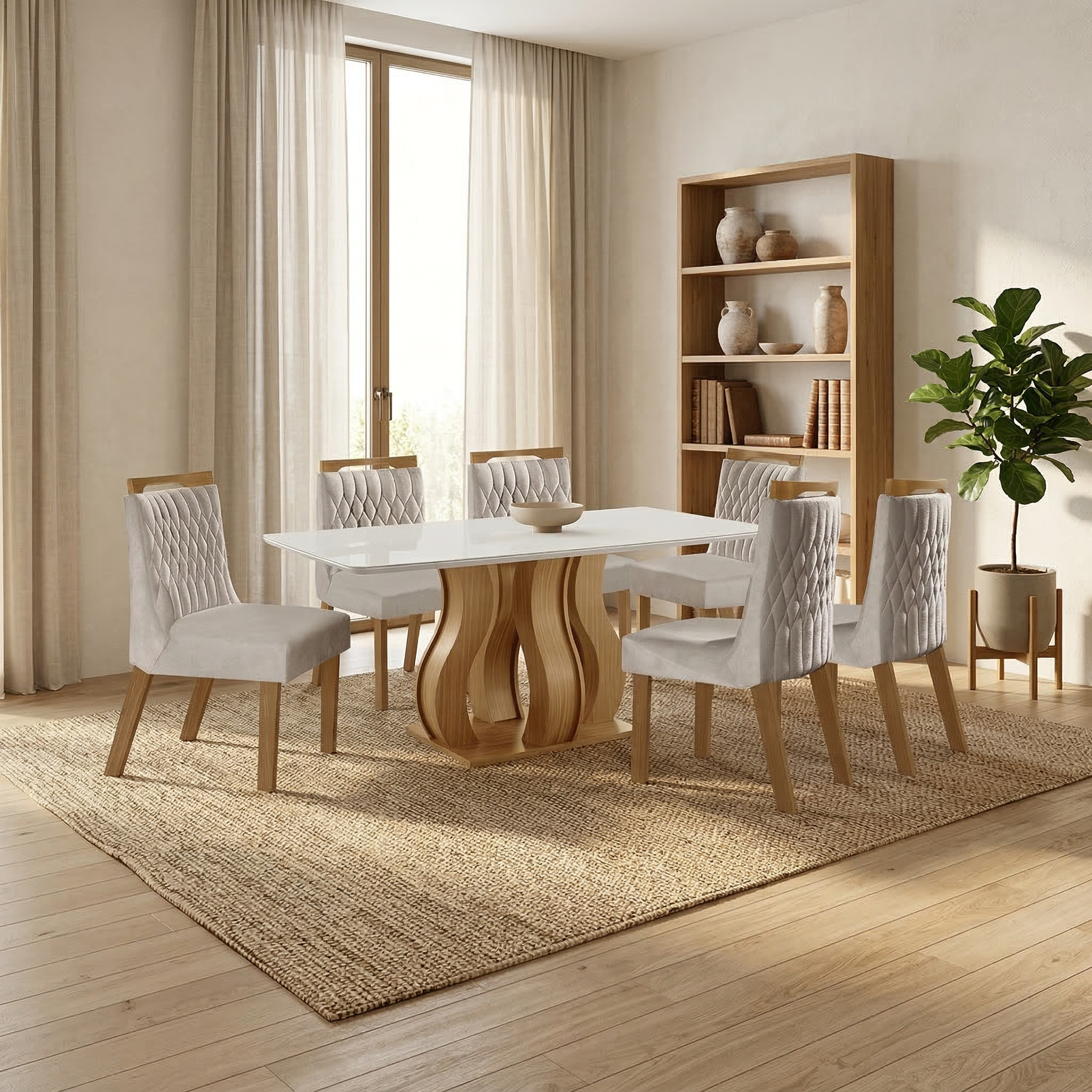 Conjunto Sala de Jantar Mesa Retangular Tampo Vidro/MDP com 6 Cadeiras Atena Estofadas Suede Espresso Móveis Castanho/Cinamomo/Bege Marrom/Pena/Off White