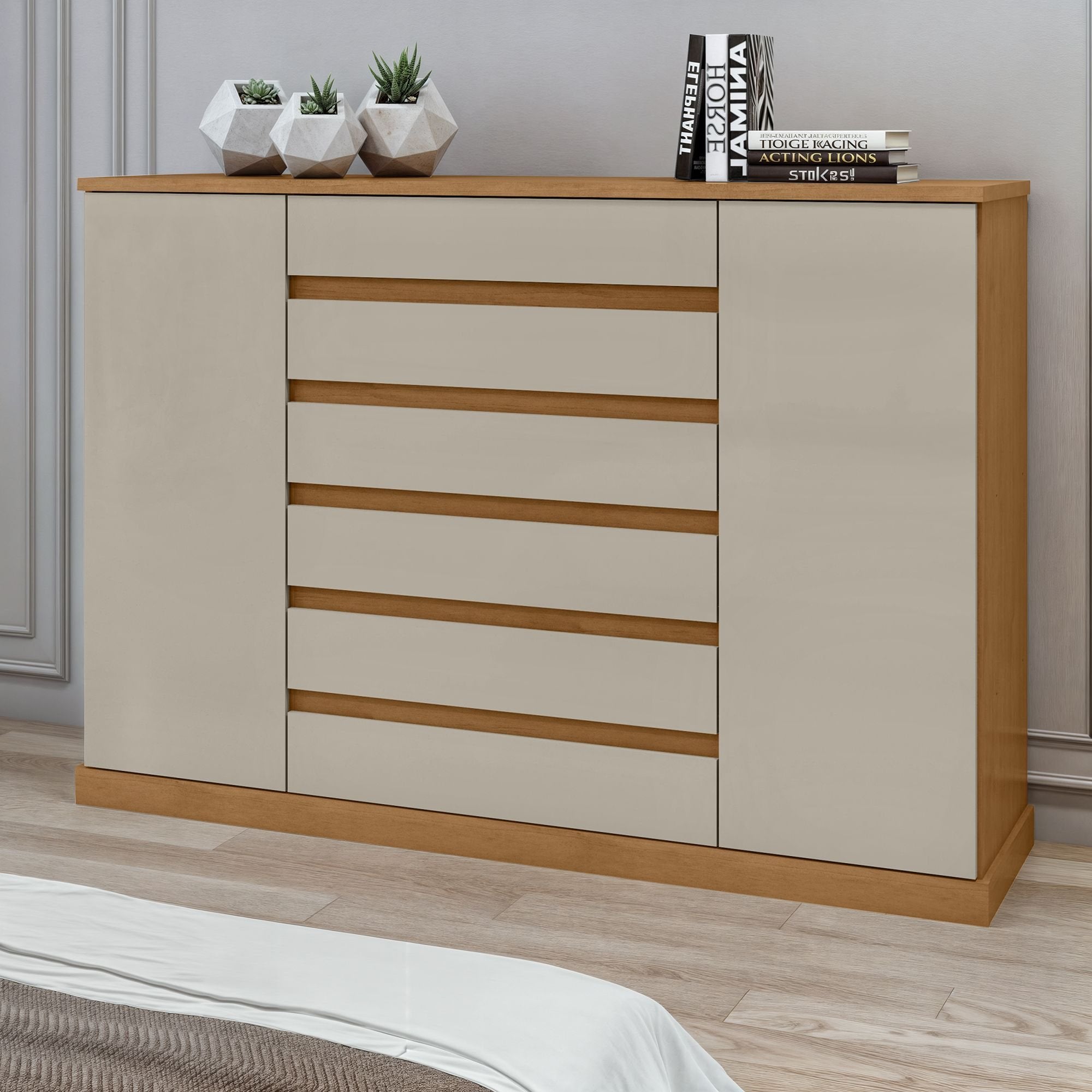 Cômoda 2 Portas 7 Gavetas com Chave e Prateleiras Vedra Móveis Lopas Amêndoa Clean/Off White