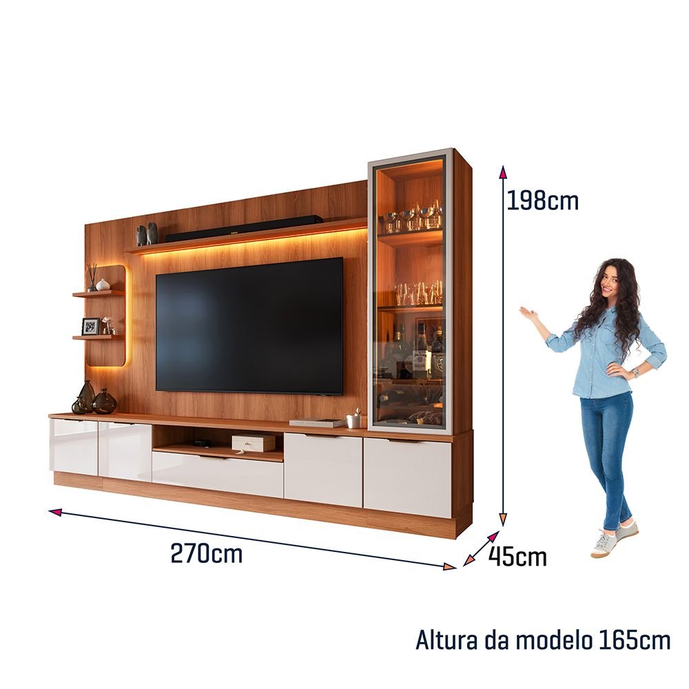 Estante Home Noble 270cm para TV até 75” com Cristaleira, Torre com LED e Portas Reflecta em MDP/MDF Movelove