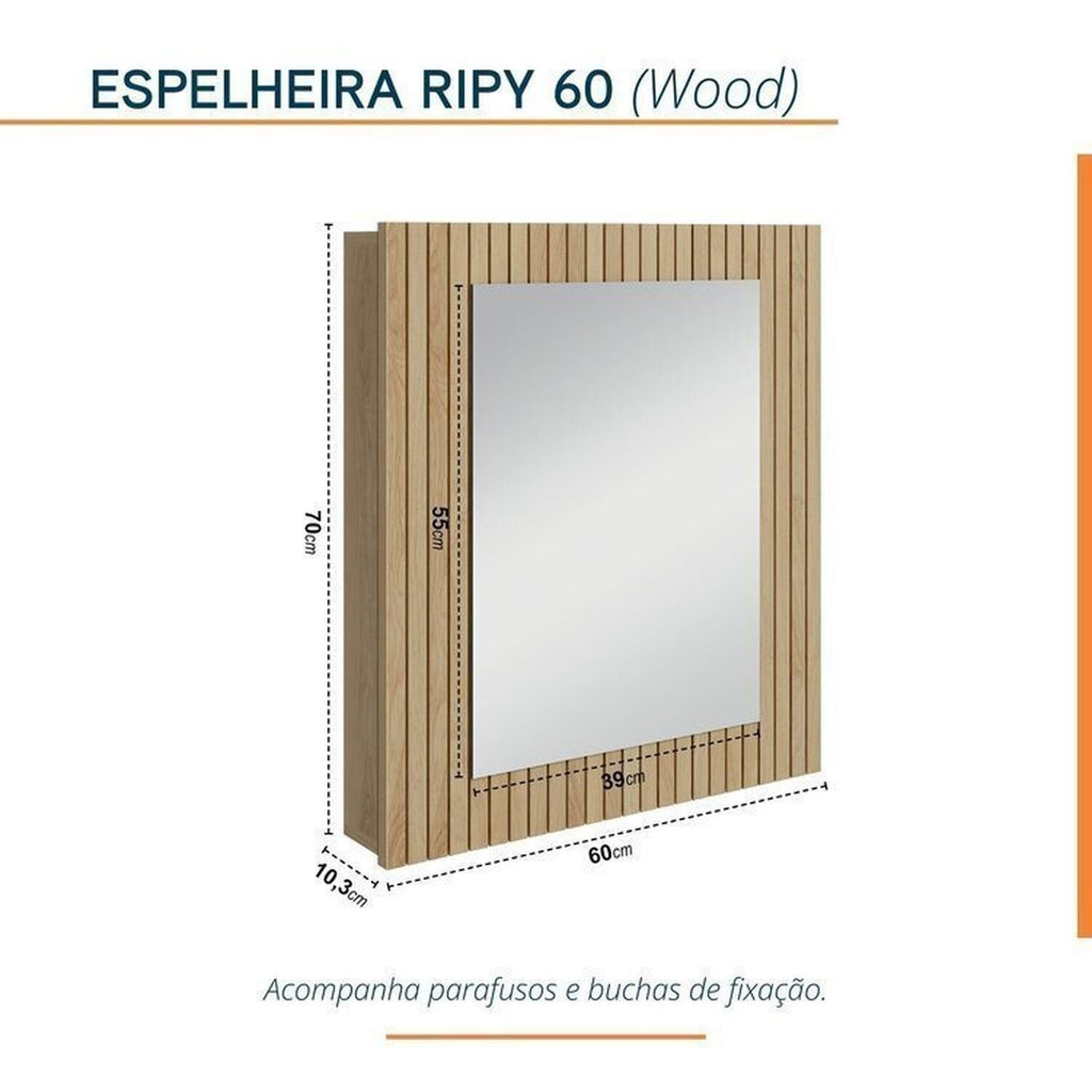 Conjunto para Banheiro Bancada em Porcelanato com Cuba Esculpida, Armário e Espelheira Ripy Bumi 60cm Amarelo/Wood