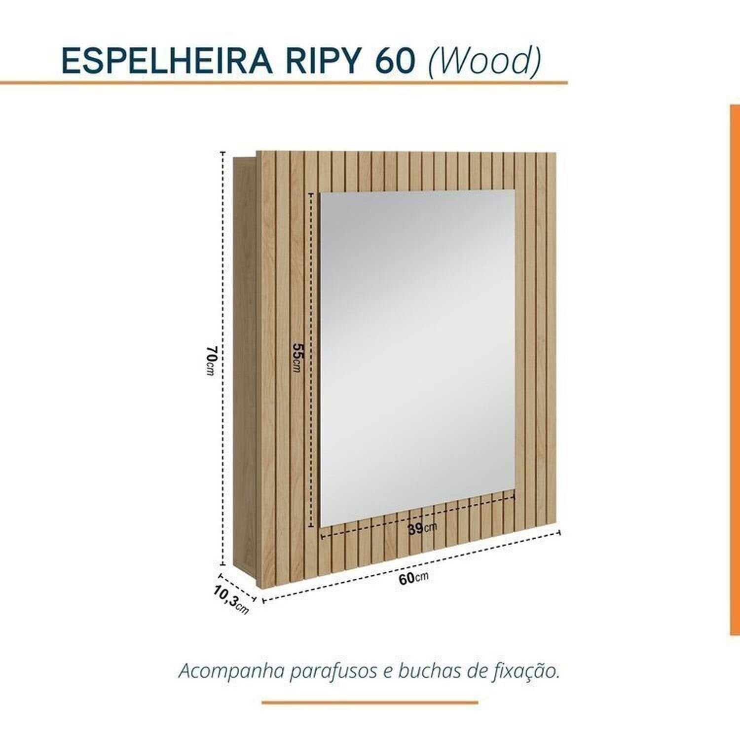 Conjunto para Banheiro Bancada em Porcelanato com Cuba Esculpida, Armário e Espelheira Ripy Bumi 60cm Amarelo/Wood