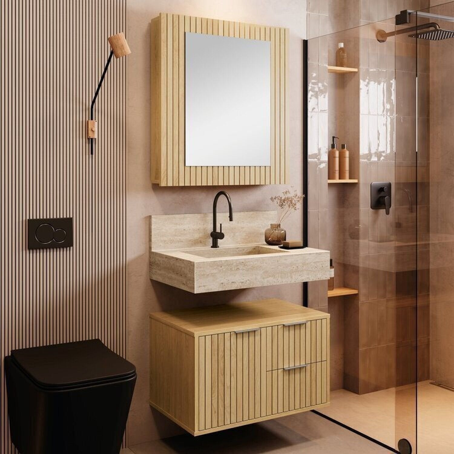 Conjunto para Banheiro Bancada em Porcelanato com Cuba Esculpida, Armário e Espelheira Ripy Bumi 60cm Amarelo/Wood