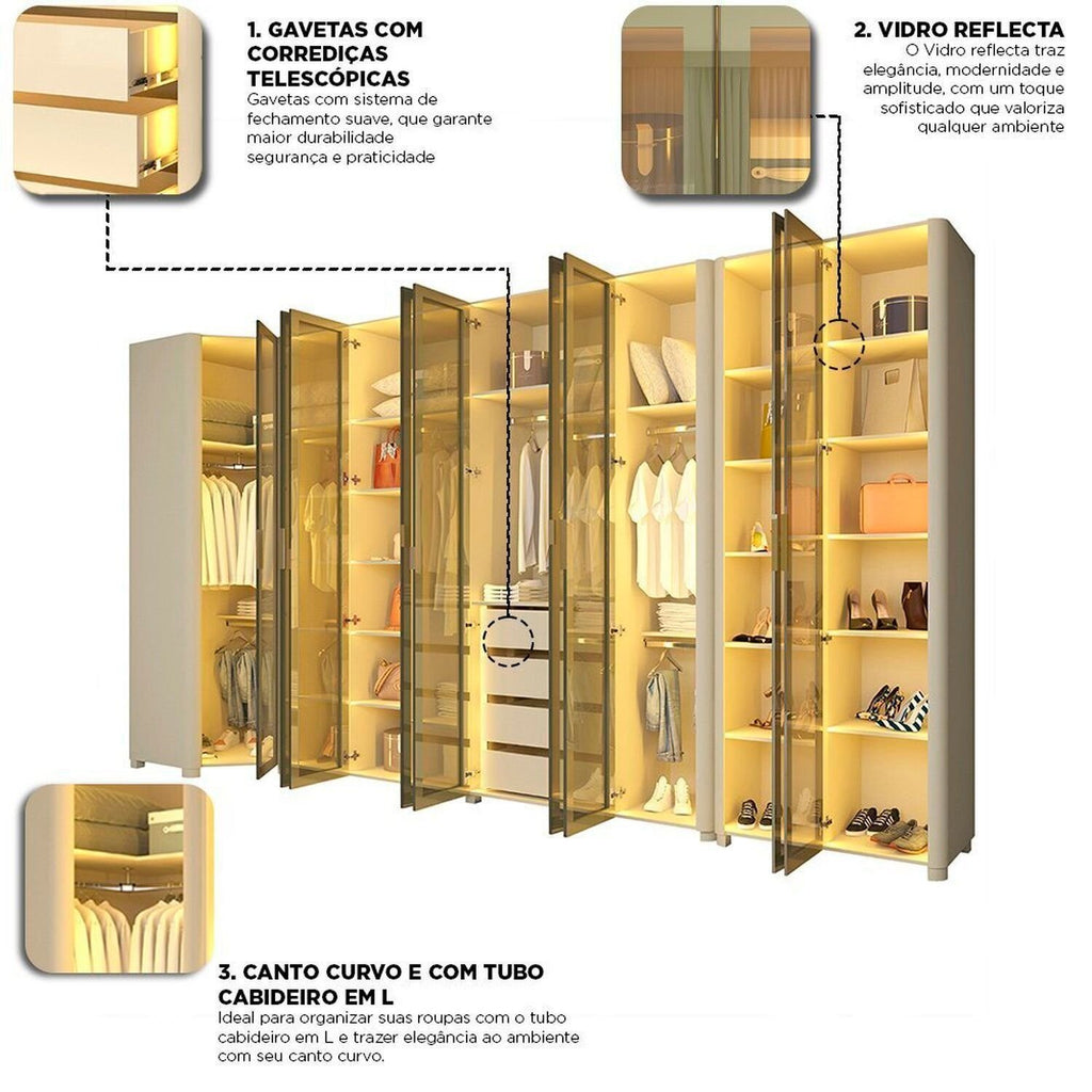 Guarda-Roupa Modulado Reflecta Innova 100% MDF Bege/Off White 339,2cm x 240cm Mod 015 Gelius Móveis