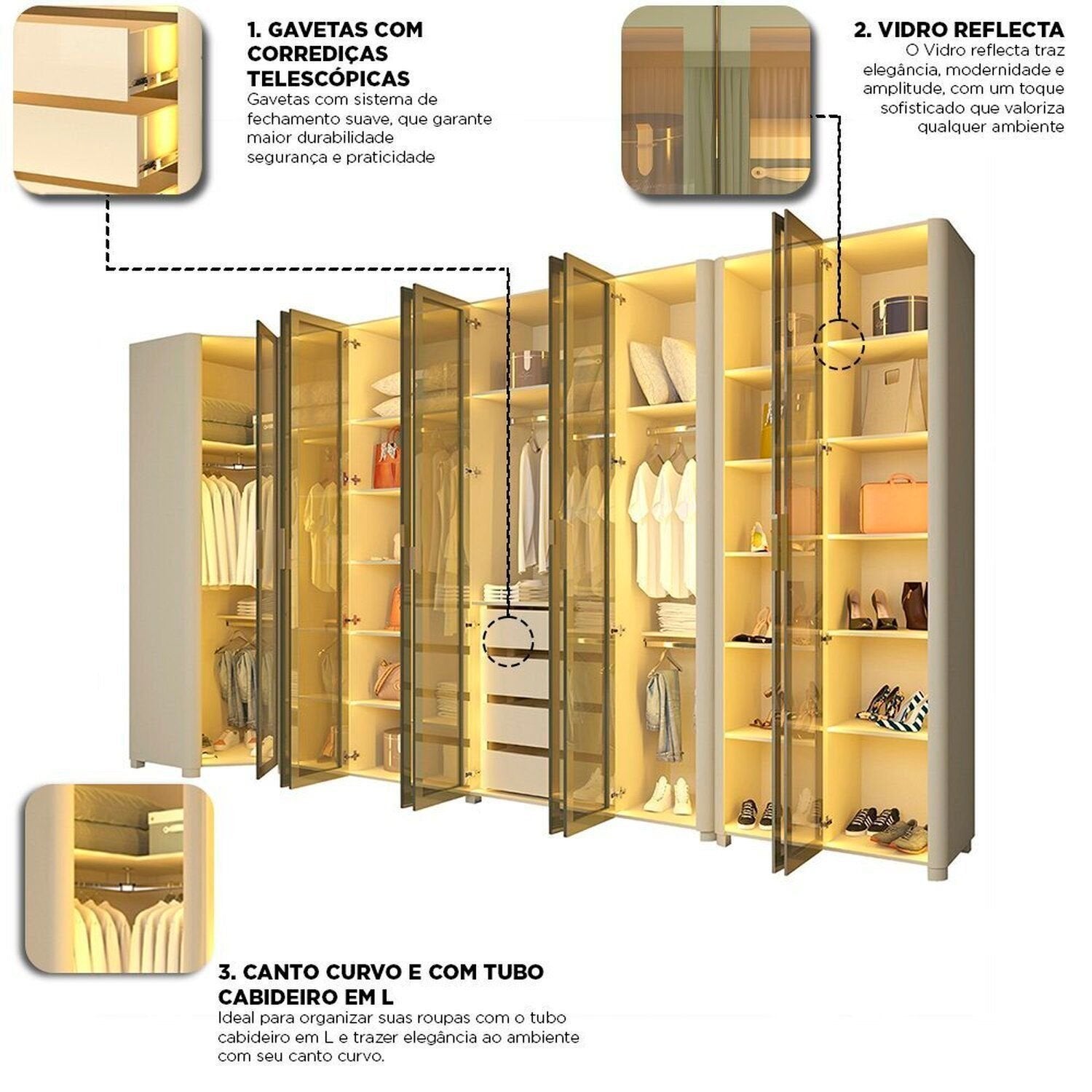 Guarda-Roupa Modulado Reflecta Innova 100% MDF Bege/Off White 339,2cm x 240cm Mod 015 Gelius Móveis