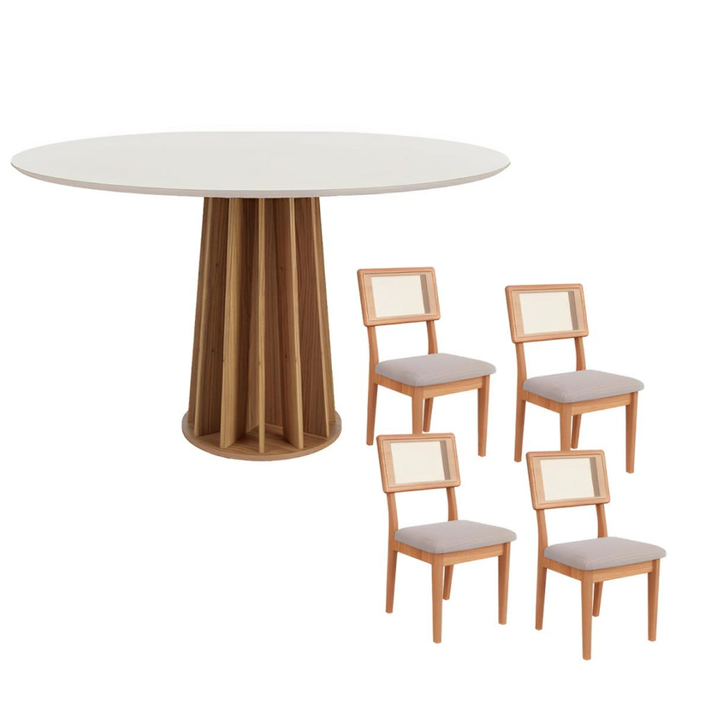 Conjunto de Jantar Mesa Redonda MDF 4 Cadeiras Tela Palha Freijó Off White Cesare Claro Dalla Costa