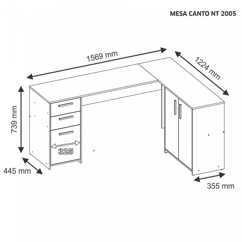 Escrivaninha Mesa Escritório em L Office NT2005 2 Gavetas 3 Portas 157cm Notável Móveis