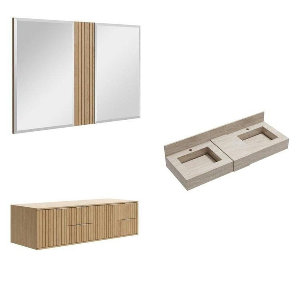 Conjunto para Banheiro Bancada em Porcelanato com Cuba Esculpida, Armário e Espelho Ripy Bumi 120cm Amarelo/Wood/Travertino