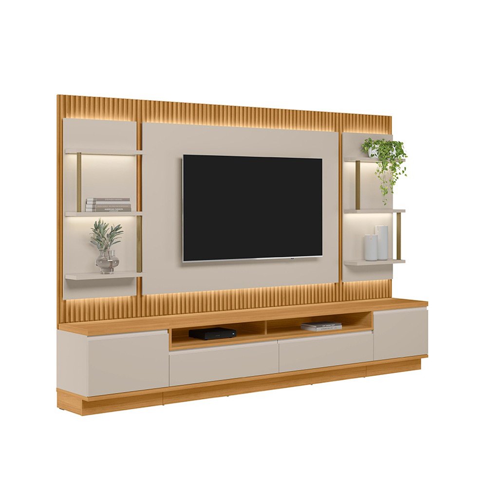 Painel e Bancada Rack Sala de Estar 297cm Madalena Modulado Led Ripado TV até 70 Polegadas Tauari/Off White Gran Belo