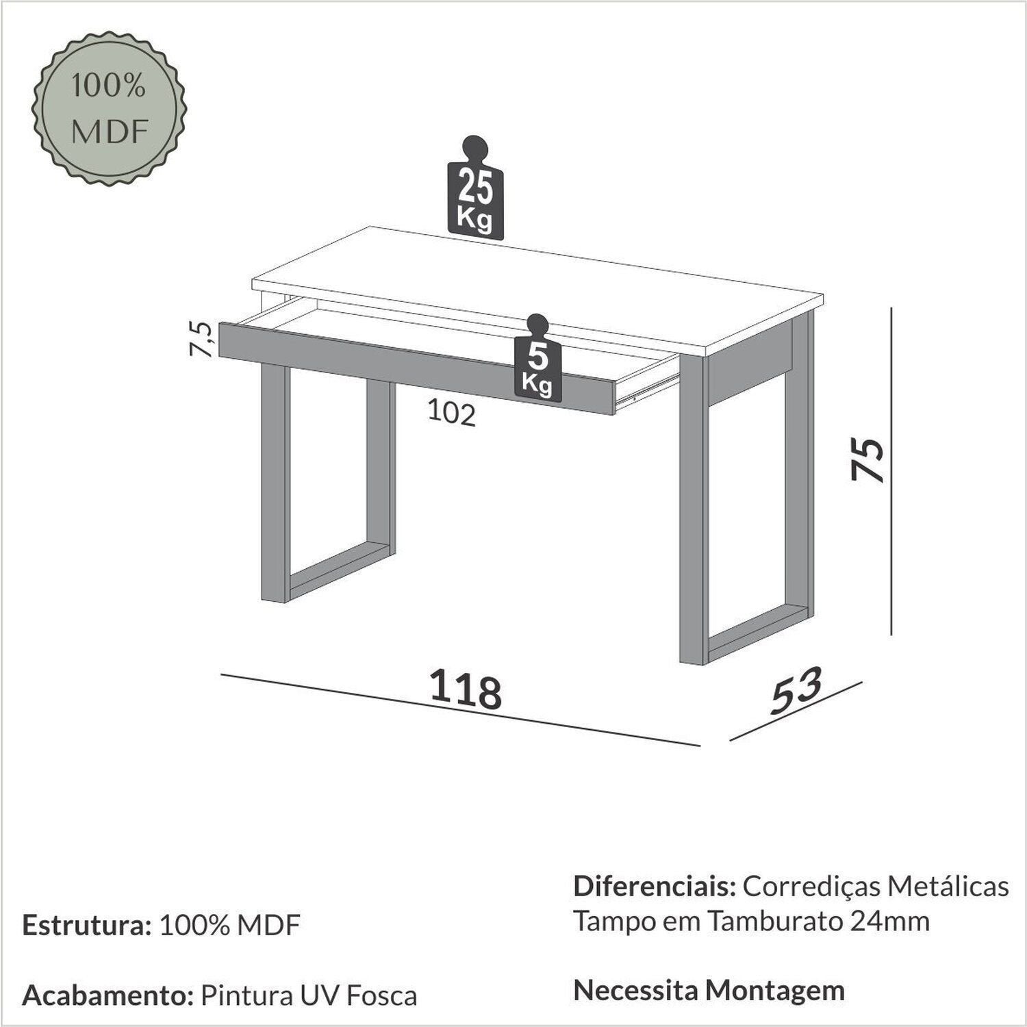 Escrivaninha Mesa Escritório Industrial 100% MDF 118cm F24 Pradel Móveis