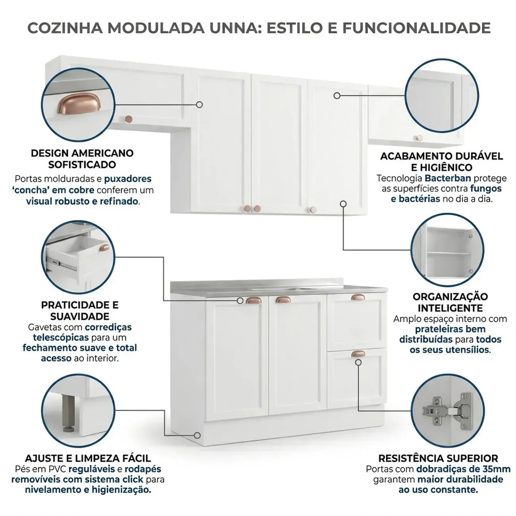 Cozinha Completa Modulada 4 Peças com Balcão para Pia sem Tampo Unna Yescasa Branco