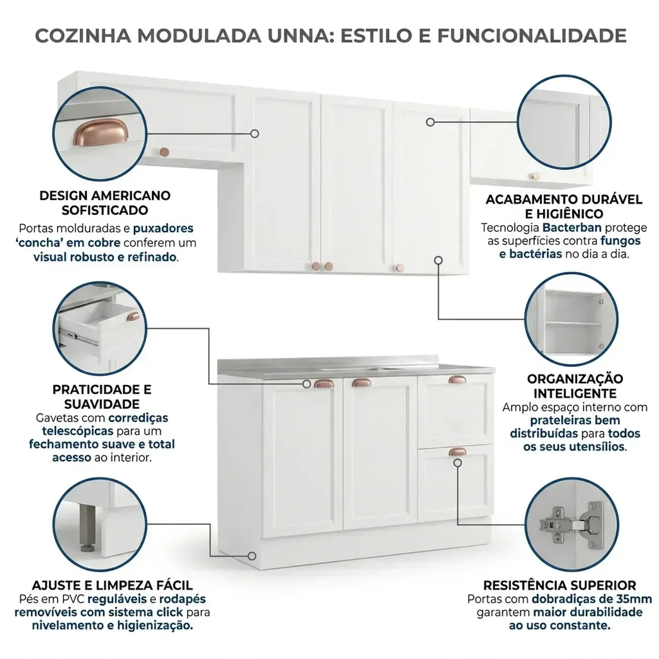 Cozinha Completa Modulada 4 Peças com Balcão para Pia sem Tampo Unna Yescasa Branco