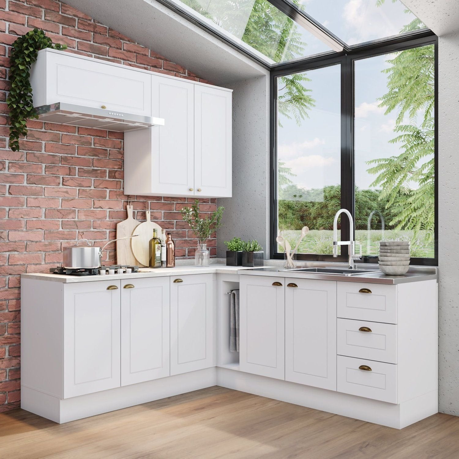 Cozinha Completa Modulada Emily Espresso Móveis 6 Peças 8 Portas 3 Gavetas Branco/Calcare