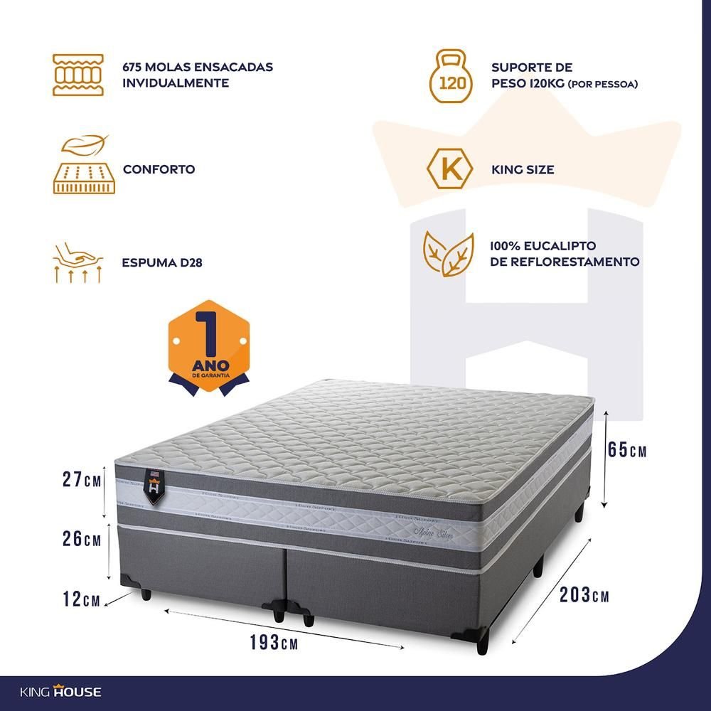 Conjunto Cama Box Super King com Molas Ensacadas Alpine Cinza 193x203x65 King House