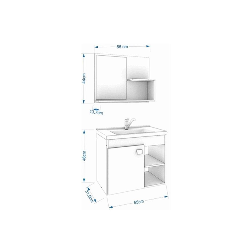 Balcão Suspenso para Banheiro Lótus Bia MGM 1 Porta 2 Nichos com Armário Espelheira e Cuba 55cm Amêndoa/Off White