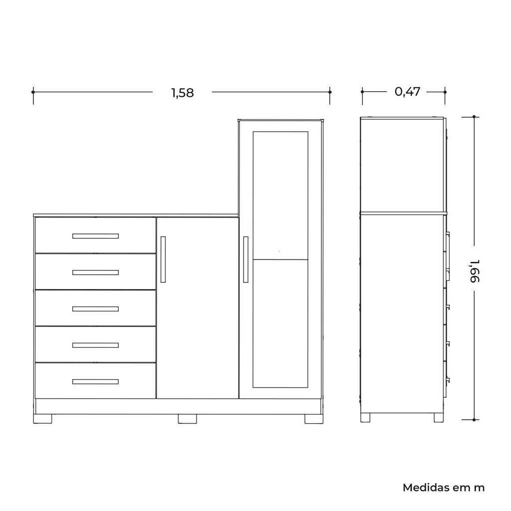 Cômoda para Quarto 5 Gavetas 2 Portas com Espelho New Master Albatroz Móveis Branco
