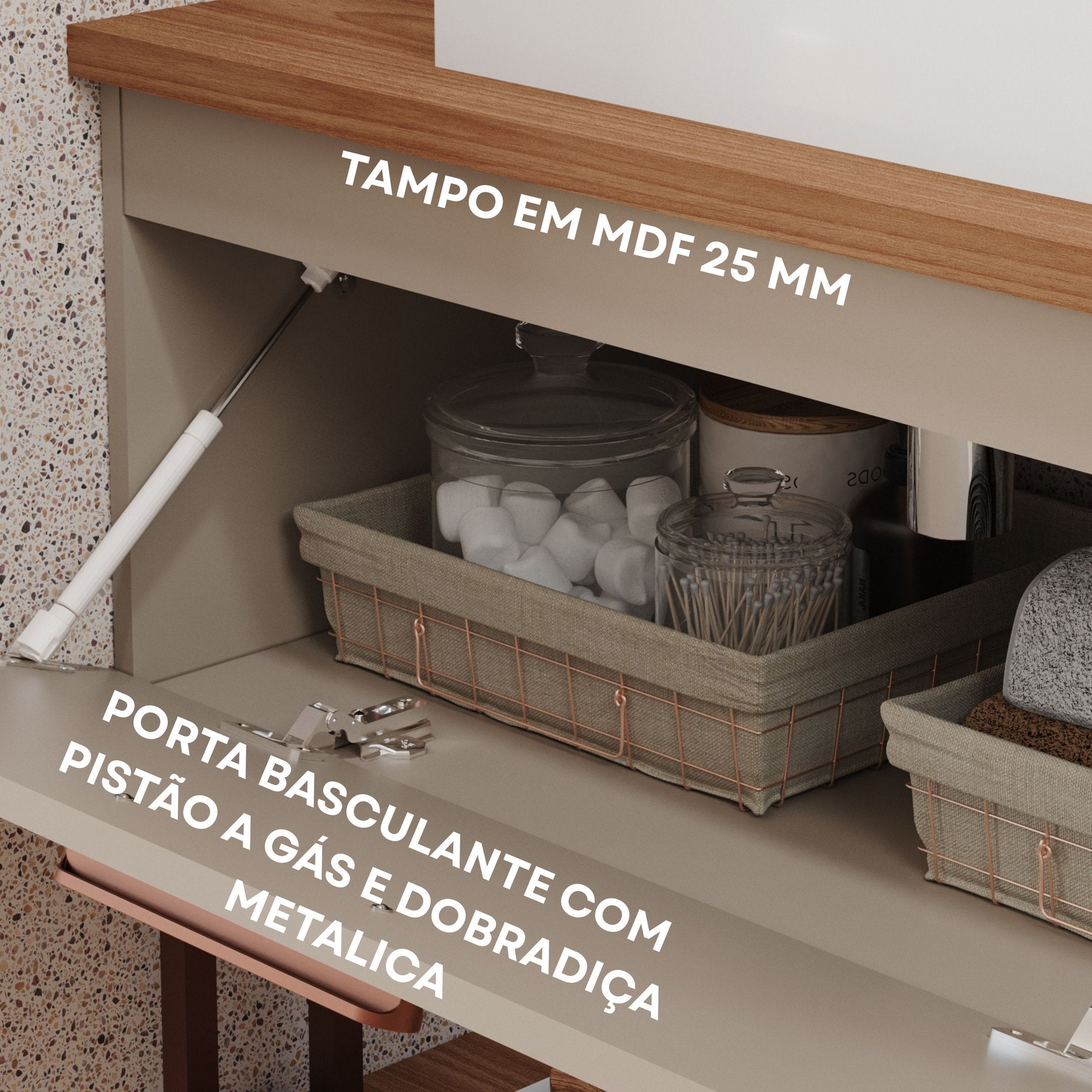 Gabinete Suspenso com Cuba, Painel Ripado e Espelheira 60cm Mari Espresso Móveis Bege/Cappuccino
