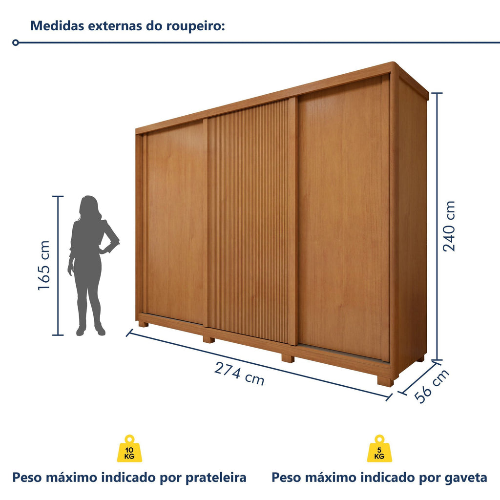 Guarda-Roupa Casal 3 Portas 6 Gavetas com Pés Ollie Yescasa 100% MDF Marrom Amêndoa Clean/Off White