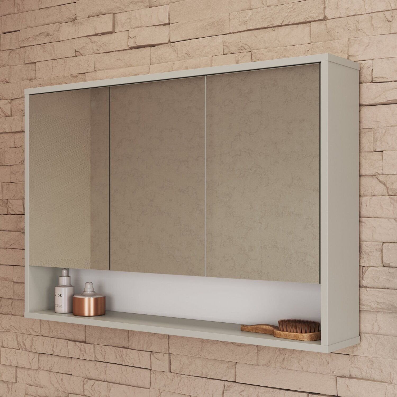 Armário Espelheira para Banheiro Bari Art in Móveis 3 Portas com Nicho 90cm Bege/Arenas
