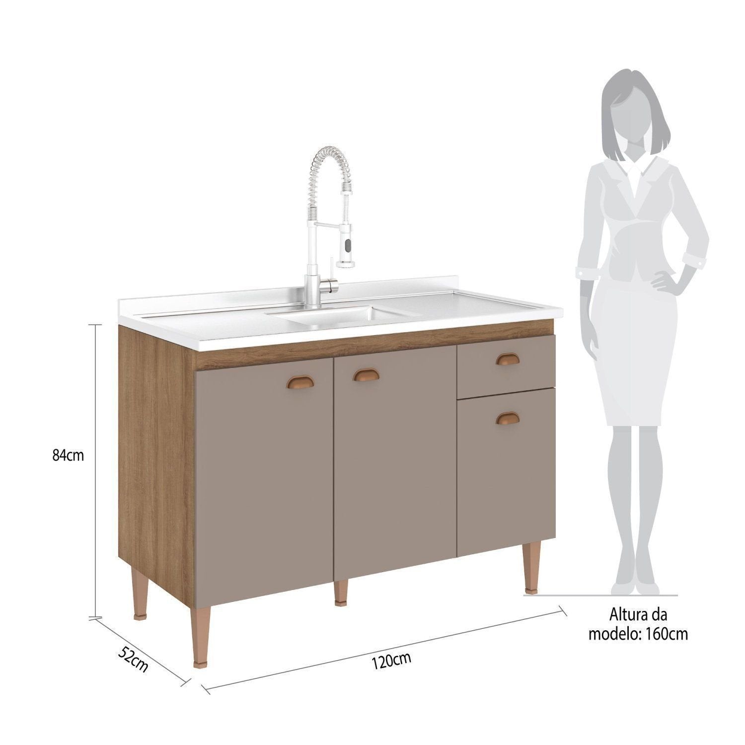 Balcão de Cozinha para Pia 3 Portas 1 Gaveta 120cm sem Tampo Marti Yescasa Mel/Fendi Cinza