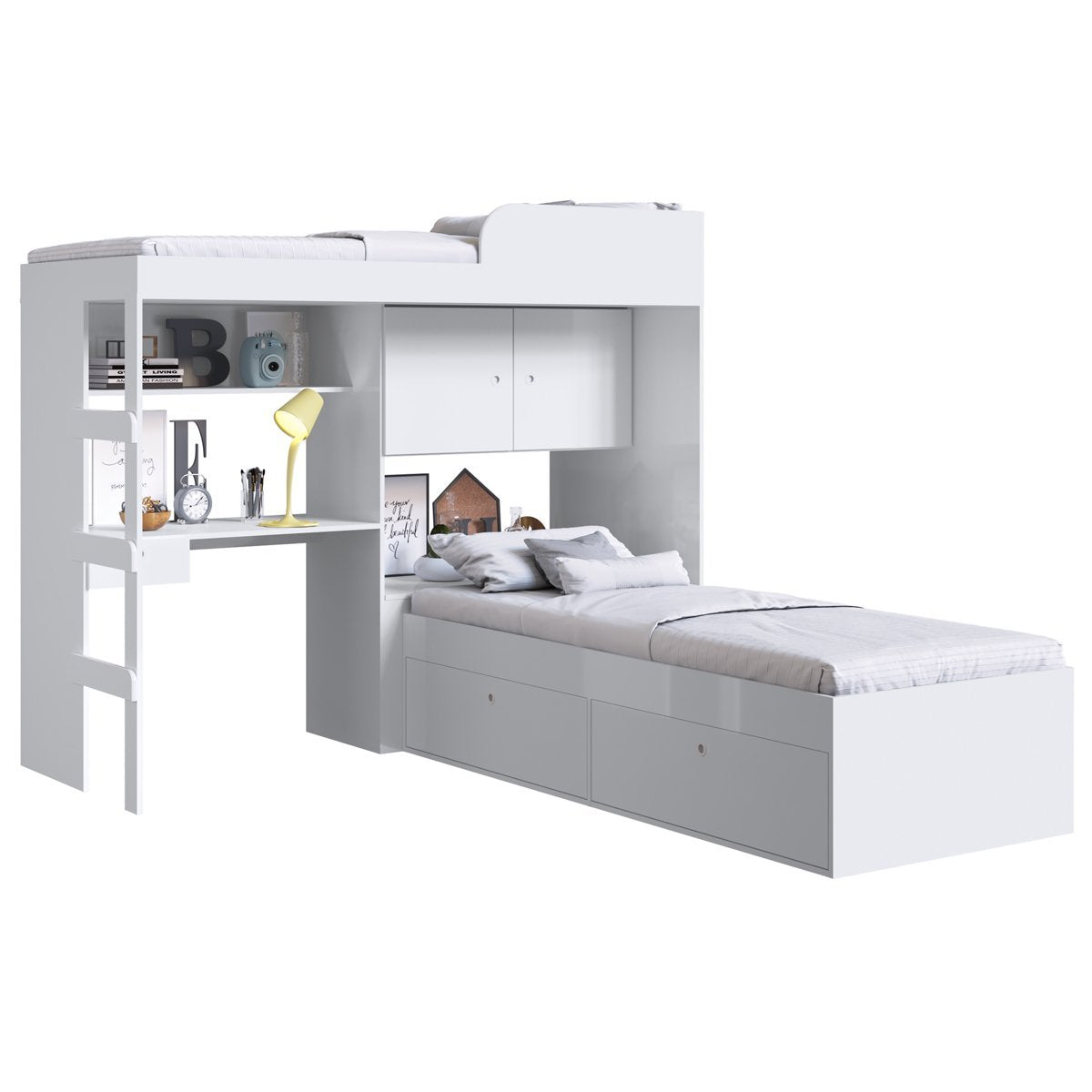 Conjunto Cama de Solteiro com Baú e Cama Alta Lion com Escada e Escrivaninha Branco Cj038 Art In Móveis