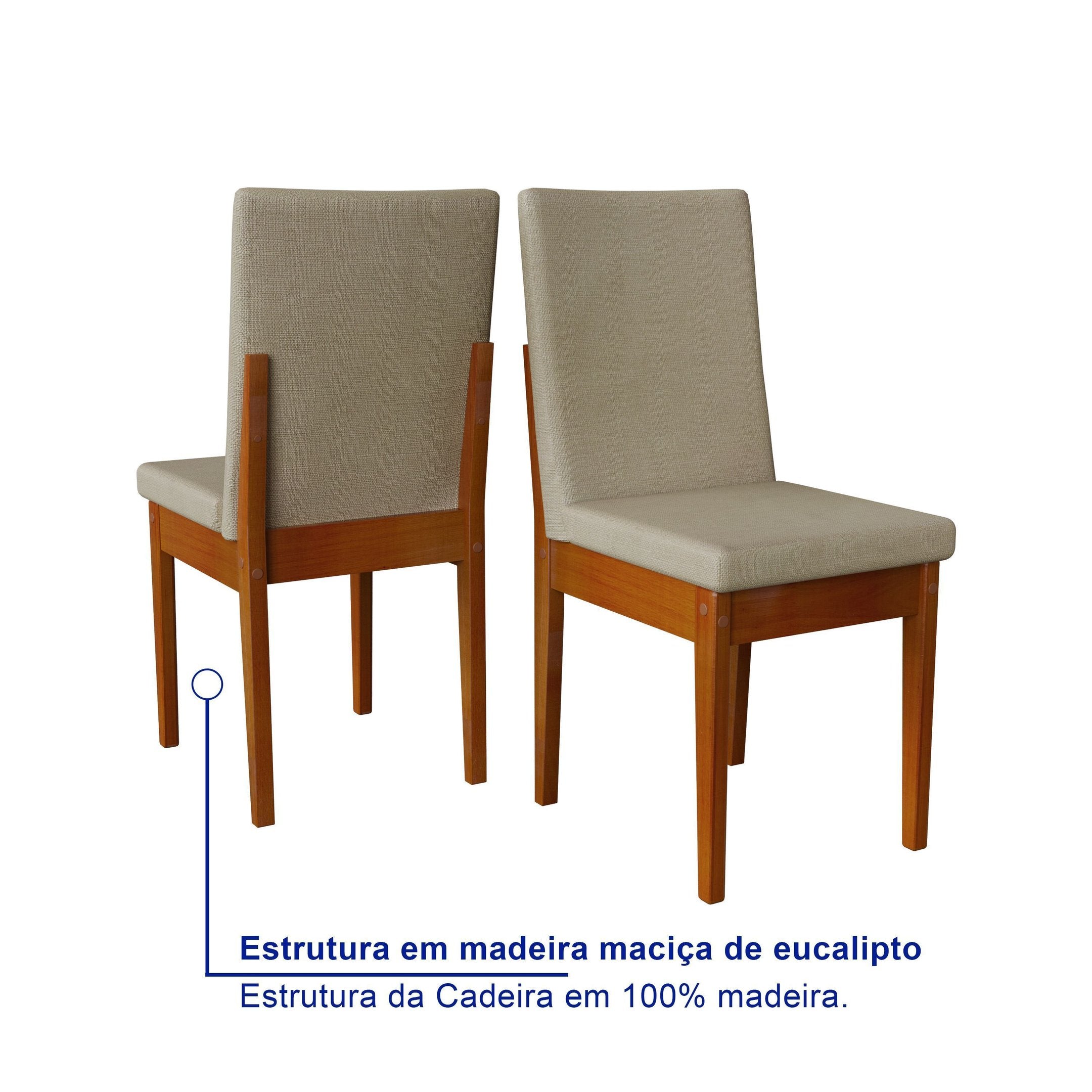 Conjunto Mesa com Vidro Pés Madeira Maciça 6 Cadeiras Madeira Dakota Tecido A40 Marrom Móveis Meneghetti
