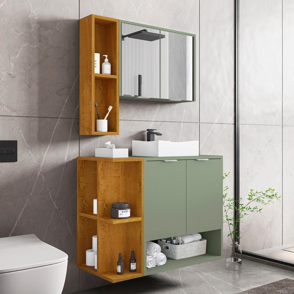 Conjunto para Banheiro Gabinete Suspenso com Cuba e Espelheira Ibiza Móveis Bechara 70cm Pistache/Naturale