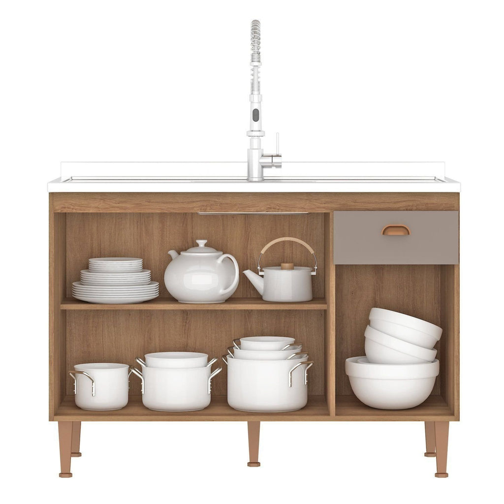 Balcão de Cozinha para Pia 3 Portas 1 Gaveta 120cm sem Tampo Marti Yescasa Mel/Fendi Cinza