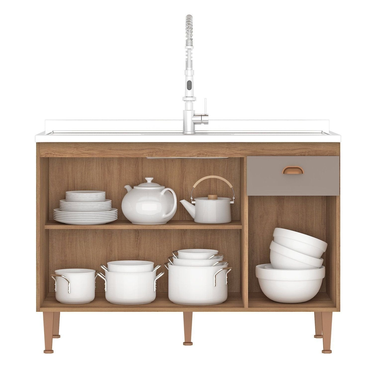 Balcão de Cozinha para Pia 3 Portas 1 Gaveta 120cm sem Tampo Marti Yescasa Mel/Fendi Cinza