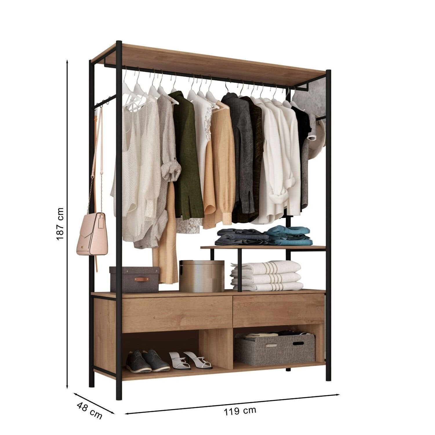 Guarda-Roupa Closet Industrial para Casal de Ferro 2 Gavetas 5 Prateleiras Barcelona Artefamol Marrom/Preto