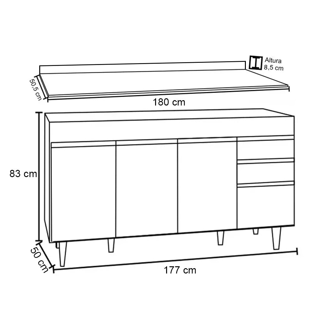 Balcão Gabinete Cozinha 180cm com Tampo Dallas Branco Lumil Móveis