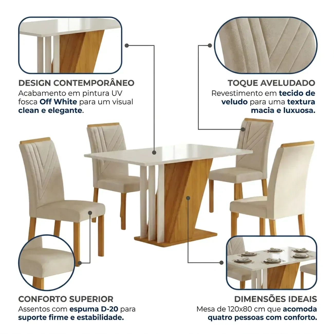 Conjunto Sala de Jantar Mesa Retangular Tampo MDF/MDP com 4 Cadeiras Miami Yescasa